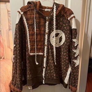 POL Brown Floral Hooded Patchwork Jacket with Cream Crochet Accents